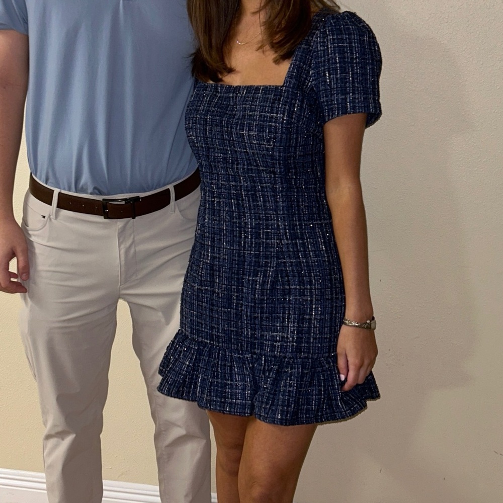 Square Neck Navy Tweed Mini Dress with Ruffle Hem
